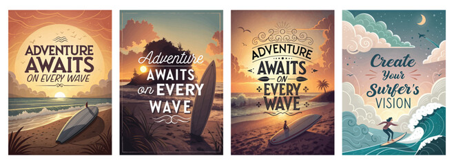 Four stunning beach-themed illustrations promoting adventure with surfboards and vibrant sunset colors.
