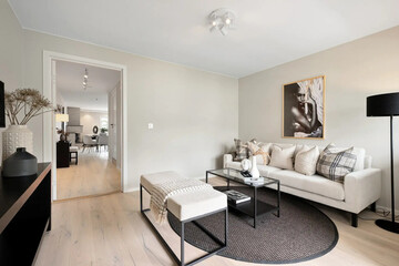 Modern luxury apartment interior in minimal scandinavian style, 3d rendering