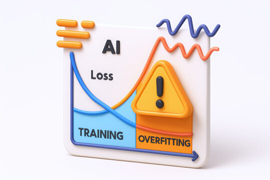 3D illustration depicting AI training with loss metrics and a warning sign, emphasizing overfitting concepts.