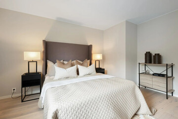 Modern luxury bedroom interior in minimal scandinavian style, 3d render