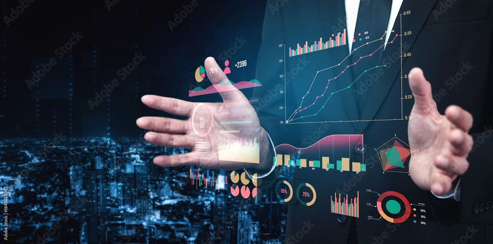 Poster a businessman showcases interactive data analysis with advanced digital charts and graphs, set again