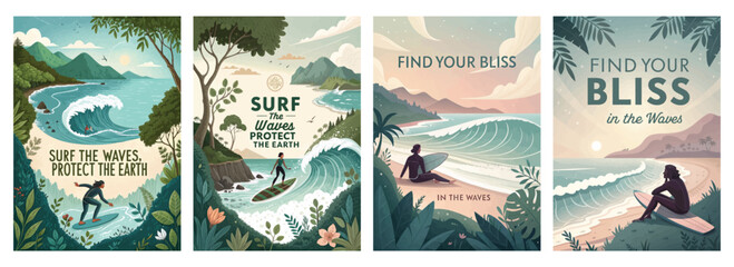 A serene collection of surfing illustrations promoting ocean conservation, suitable for all ages.