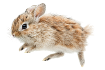 Small brown rabbit in mid-leap, showcasing its delicate fur and energetic pose against a white background.