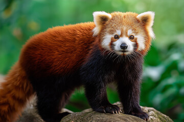 Obraz premium A red panda is standing on the edge of a tree trunk, looking at the camera with its mouth close, against a green background, 