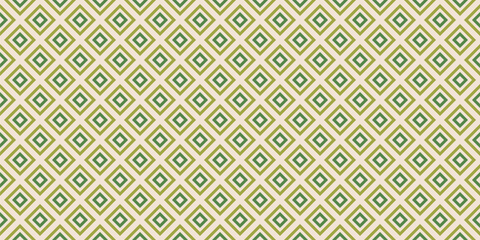 Geometric seamless pattern with small squares, outline rhombuses, grid. Abstract vector ornament. Retro vintage style checkered background texture. Green, gold, beige color. Simple repeated geo design