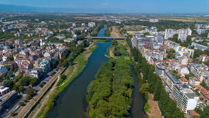 Amazing Aerial view of Maritsa river and panorama to City of Plovdiv, Bulgaria