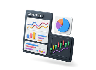 3d render of a digital analytics dashboard displaying financial charts graphs and data visualizations on a dark screen isolated on transparent background