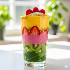 Colorful layered smoothie with mango, raspberries, strawberries, kiwi and spinach, topped with shredded coconut