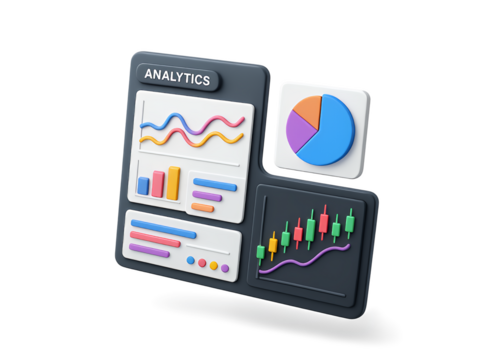 3d render of a digital analytics dashboard displaying financial charts graphs and data visualizations on a dark screen isolated on transparent background
