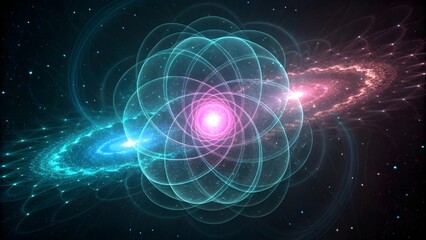 Stunning abstract cosmic atom design with vibrant pink and teal energy for technology backgrounds