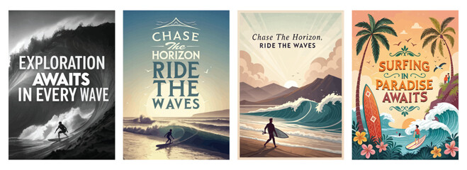 Stylish surf-themed posters showcasing waves, adventure, and the thrill of surfing.
