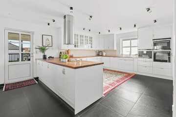 Modern luxury kitchen interior in minimal scandinavian style, 3d render