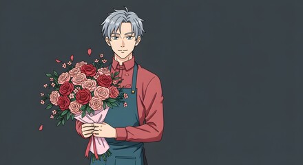 Charming anime-style silver-haired florist holding a romantic bouquet of vibrant red and pink roses, perfect for expressing love and affection on special occasions