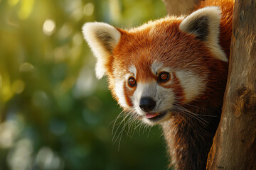 A red panda is standing on the edge of a tree trunk, looking at the camera with its mouth close, against a green background, 