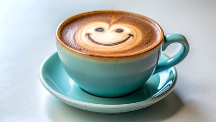 Photo of latte coffee art with a happy face in a blue cup