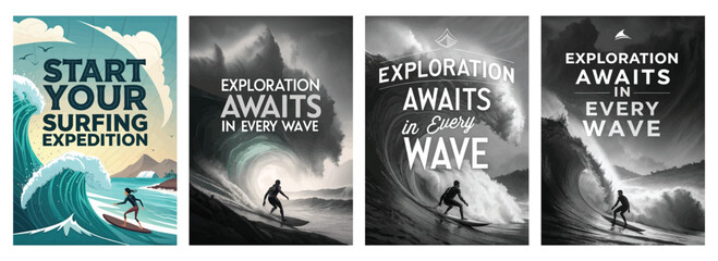 A vibrant surfing illustration featuring a lone surfer tackling large waves, embodying adventure and exploration.