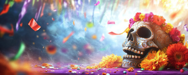 Banner Vibrant sugar skull adorned with orange flowers against a cosmic backdrop—perfect for artistic posters, cultural event promotions, or festive digital designs.