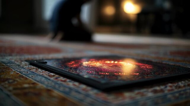 Medium shot capturing the illuminated sensor panel on a smart prayer rug actively counting prostrations with a softly blurred silhouette of a person in prayer behind it.