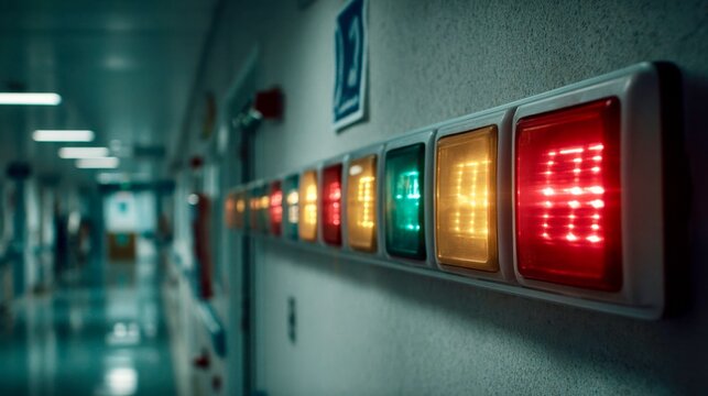 Close-up view of illuminated indicator lights in a hospital corridor, displaying numbers and colors for room or patient status monitoring.