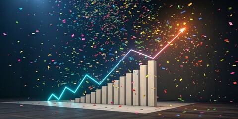 Rising Bar Graph with Confetti and Glowing Trend Line, Growth, Success