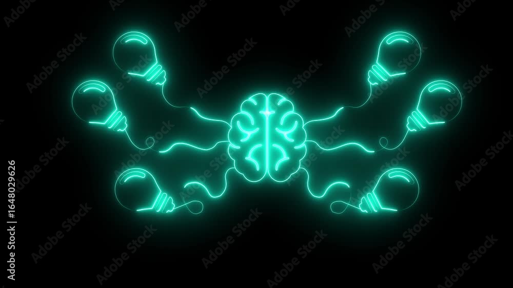 Poster creativity and innovation concept with neon brain animation,mind power and idea generation neon sign