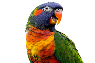A vibrant purple, green, and orange parrot showcasing its colorful feathers.