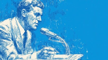 Man in suit delivers passionate speech at podium on yellow background