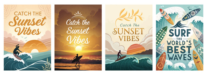 Four vibrant sunset-themed designs showcasing surfing and beach vibes.