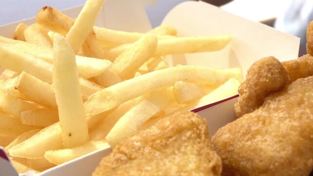 Child eating french fries with nuggets at fast food 4k