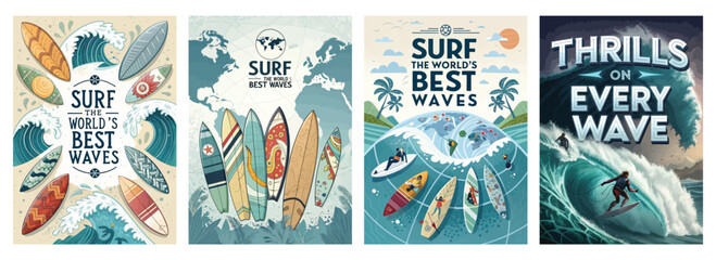 Colorful surf-themed illustrations showcasing various surfboards and ocean waves in a vibrant, playful style.