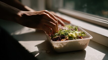 Person reaching for salad in container on windowsill in sunlight  