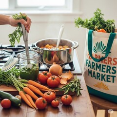 Chef preparing pesto with fresh vegetables and farmers market bag
