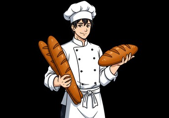 A smiling baker in a chef's hat and uniform proudly holds three freshly baked baguettes, showcasing his culinary expertise