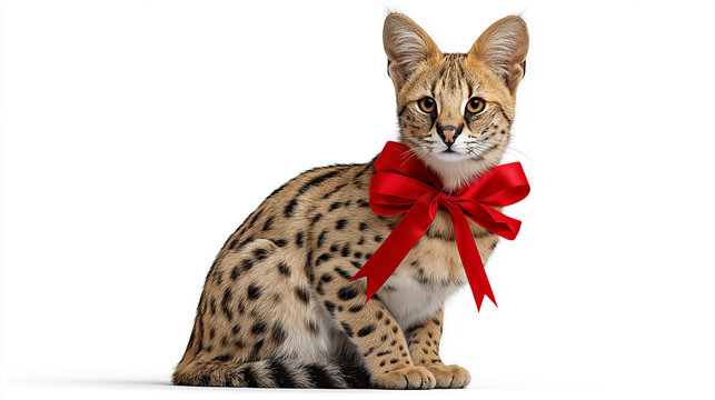 Serval cat sitting upright with large red festive bow on white background with copy space