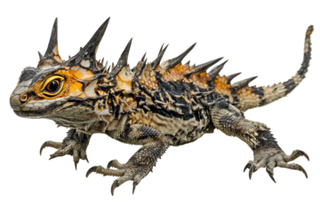 A striking spiky lizard with vibrant orange and black patterns on its textured skin.