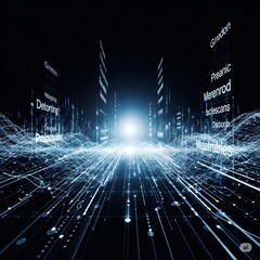 Information highway, data stream flowing into digital cityscape