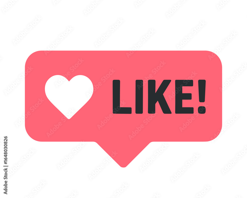 Poster social media like button icon with heart symbol and text in pink notification bubble style.