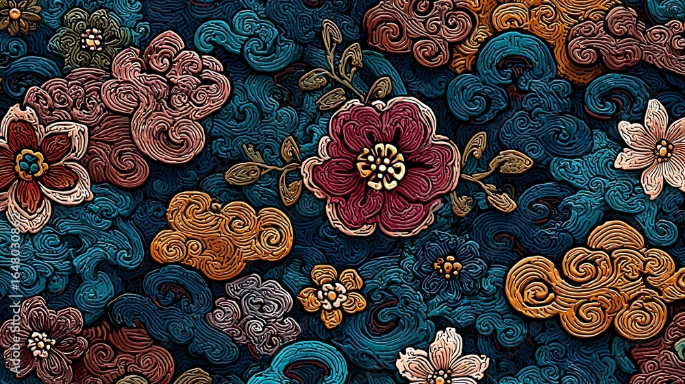 Poster an intricate floral composition bursts with color and texture, showcasing a densely patterned backgr