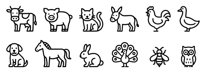 Obraz premium Farm animals line icons set with cow, pig, cat, donkey, chicken, goose, dog, horse, rabbit, peacock, bee, and owl in simple black outline style.