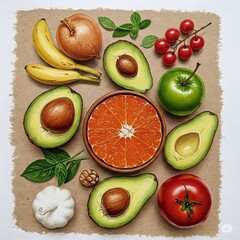 Colorful still life painting featuring fresh fruits, vegetables, and herbs