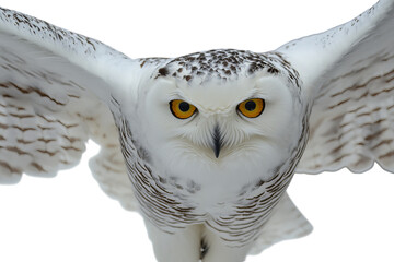 A majestic snowy owl in mid-flight with piercing yellow eyes and striking plumage.