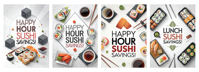 Vibrant sushi promotions featuring assorted sushi dishes and colorful accompaniments.