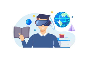 Student wearing virtual reality headset learning with a book and globe in digital education concept