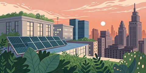 Urban Green Energy Rooftop Solar Panels and City Skyline at Sunset, renewable energy , cityscape