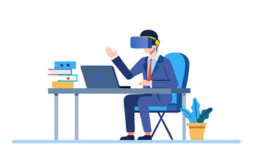 Businessman wearing virtual reality headset interacting with technology at his desk