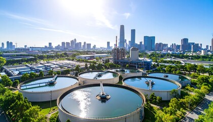 Aerial view of a modern city's water treatment plant