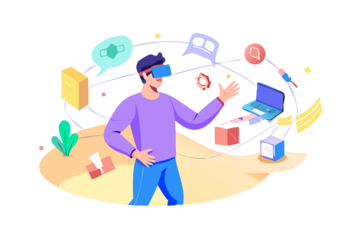 Man wearing virtual reality headset interacting with digital elements and futuristic technology