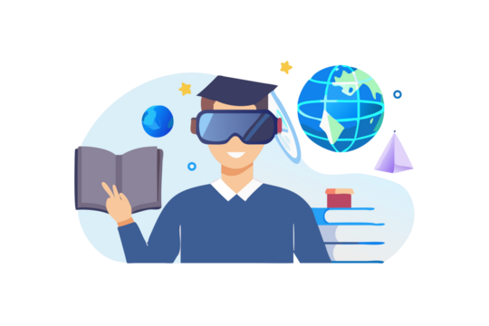 Student wearing virtual reality headset learning with a book and globe in digital education concept
