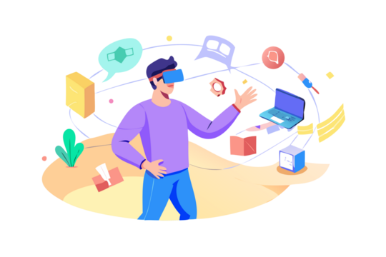 Man wearing virtual reality headset interacting with digital elements and futuristic technology