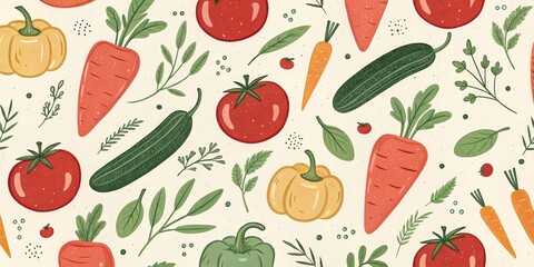 Vegetable Garden Pattern Carrots, Tomatoes and Cucumber Illustration ,Nutrition ,HealthyFood